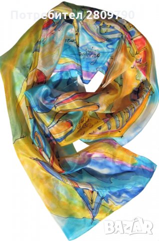 Оригинален копринен шал с градски мотиви на червена лодка в пристанището на Несебър / Original Scarf, снимка 4 - Шалове - 34758777