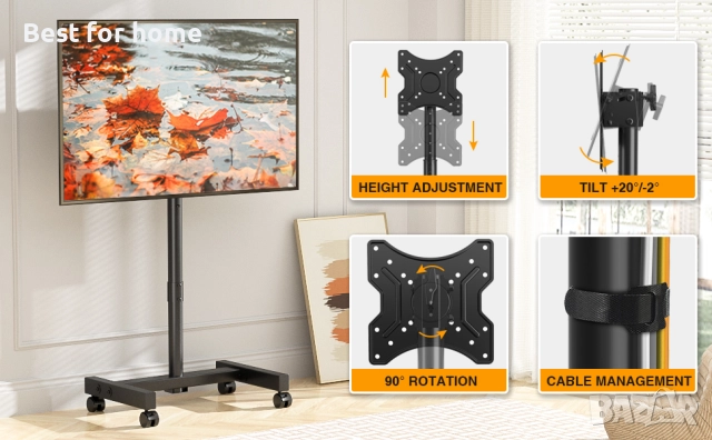 TVON ТВ стойка с колелца за TV и екрани, снимка 12 - Стойки, 3D очила, аксесоари - 52901602