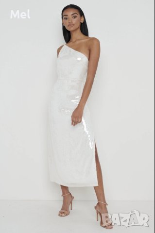Pretty Lavish дълга рокля с пайети, сребрист/бяла, едно рамо, р-р S, снимка 1