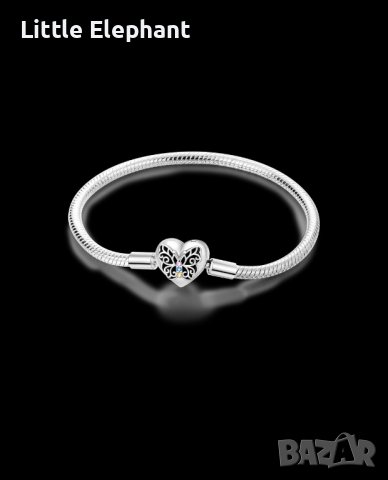 Сребърна гривна Пандора със закопчалка сърце с кристали,pink,blue,yellow,змийска плетка,19 см/нова