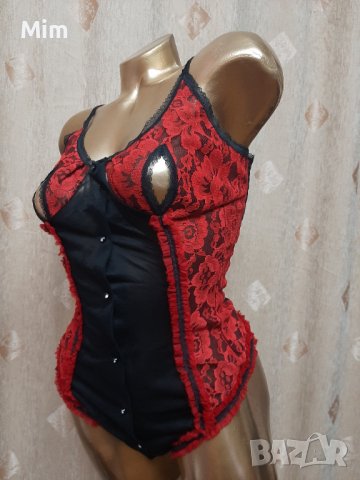 М Червено дантелено боди с отворени чашки , снимка 3 - Корсети, бюстиета, топове - 39733836