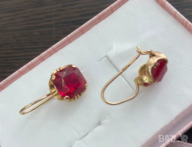 Руски златни обеци със синтетичен рубин, снимка 2 - Обеци - 47061362