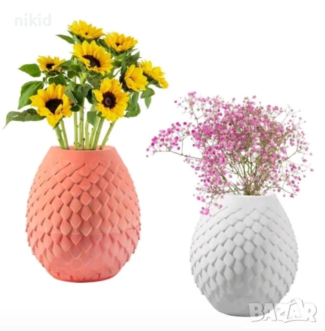 3d издължена тумбеста ваза с геометричен релеф люспи силиконов молд форма смола фондан гипс декор, снимка 2 - Форми - 51065966