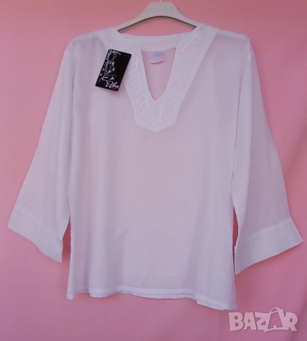 Стилни дамски бели памучни и кенарени блузи с бродерии без бродерия., снимка 2 - Ризи - 51481162