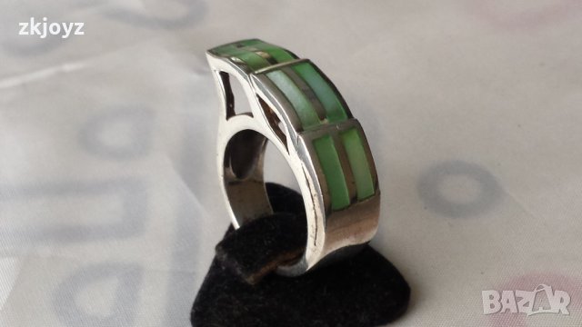 СРЕБЪРЕН ПРЪСТЕН с 6 КАМЪКА от ЗЕЛЕН СЕДЕФ 8.24 ГР. / 925 МАРКИРАН, снимка 4 - Пръстени - 35230402