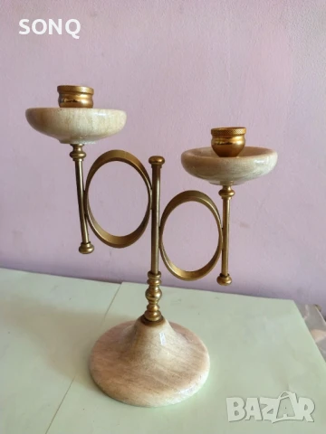 Страхотен Свещник Оникс И Позлата, снимка 2 - Антикварни и старинни предмети - 51155967