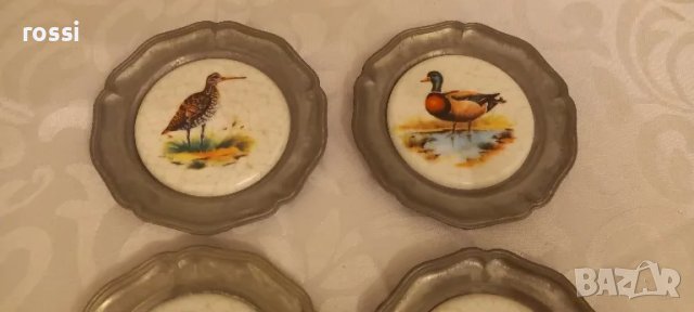 Vintage. 6 бр. нови немски чинии за стена с птици. Подложни чинийки. Калай. Порцелан., снимка 3 - Антикварни и старинни предмети - 48339463