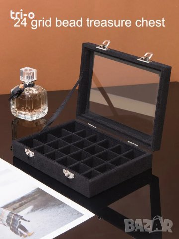 Черна кадифена кутия за съхранение на бижута със стъклен прозорец и органайзер с 24 отделения, снимка 2 - Други - 43392587