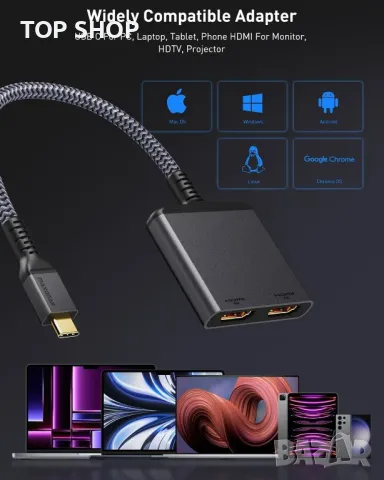 2 в 1 Адаптер USB C към двоен HDMI, снимка 2 - Кабели и адаптери - 49457606