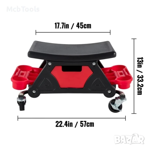 Седалка за механик, пластмаса, 136 кг, 3 тави за съхранение, червена, снимка 3 - Други инструменти - 50716969