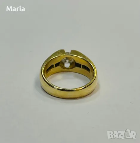 Златен  пръстен  жълто злато , брилянт и сапфири Unisex , снимка 4 - Пръстени - 49243250
