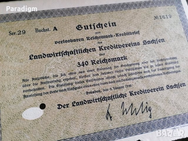 Райх облигация | 340 марки | Земеделска кредитна асоциация Саксония | 1930г.