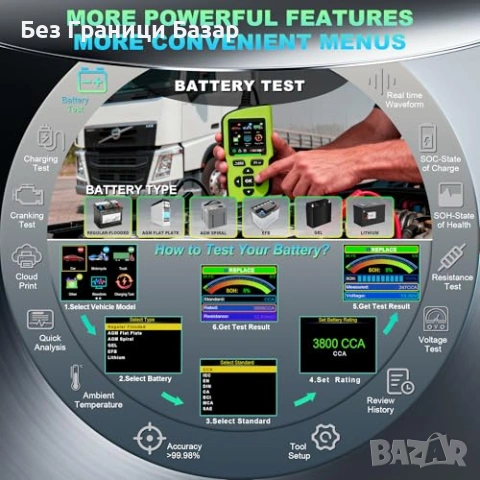 Нов BT90 PRO тестер акумулатори 6V 12V 24V 3800CCA облачен отчет кола, снимка 3 - Друга електроника - 53020719