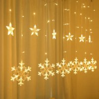 LED Завеса с коледни звезди, снежинки и елени, снимка 1 - Декорация за дома - 43074356