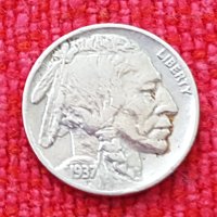 Монета 5 цента индианец / бизон 1937, снимка 1 - Нумизматика и бонистика - 44130014