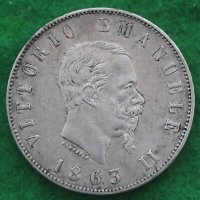 Монета Италия 2 Лири 1863-N   Виктор Емануел II, снимка 1 - Нумизматика и бонистика - 37910067