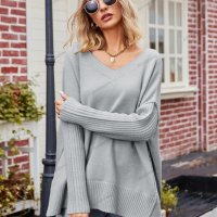 Дамски моден с голям размер секси пуловер с V-образно деколте, 2цвята - 023 , снимка 11 - Блузи с дълъг ръкав и пуловери - 43204764