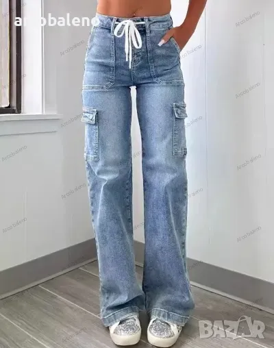 Дамски ежедневни дънки с прав крачол с връзки и много джобове, снимка 1