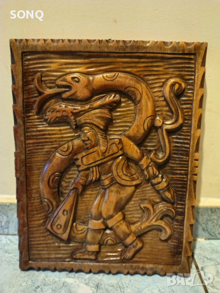 Страхотно Старо Пано Дърворезба-Ацтеките И Маите, снимка 1