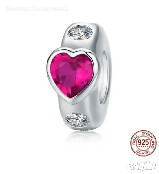 Сребърен талисман стопер за гривна Пандора Кристално сърце, Модел 080, снимка 1