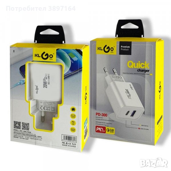 20W Адаптер за бързо зареждане KLGO PD-300, USB-A/USB-C, FAST CHARGING, снимка 1