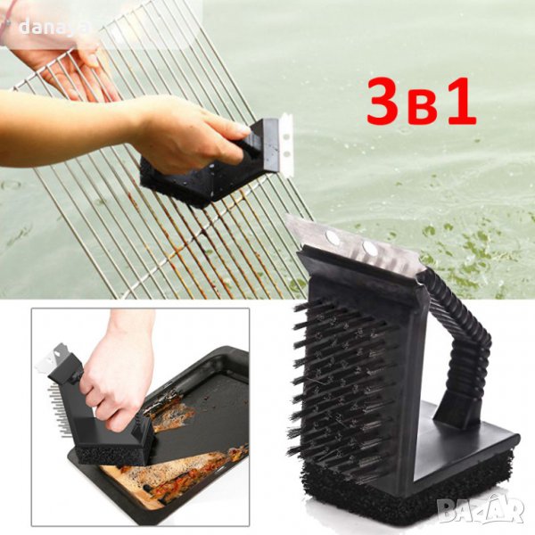 703 Телена четка за скара с гъба и шпатула грил четка за почистване 3в1, снимка 1