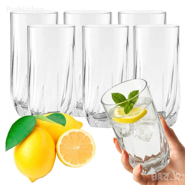 Комплект от 6 високи стъклени чаши за студени напитки – 340 мл, снимка 1