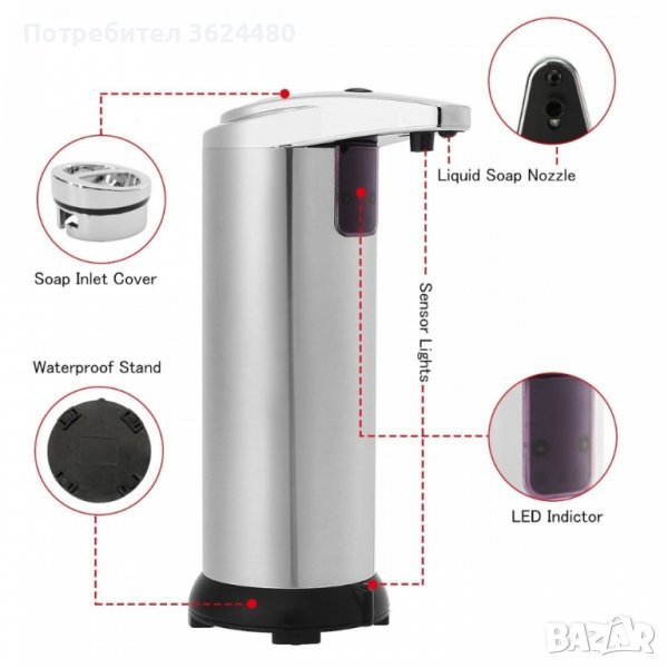 1803 Дозатор за течен сапун със сензор и презареждане, инокс, снимка 1