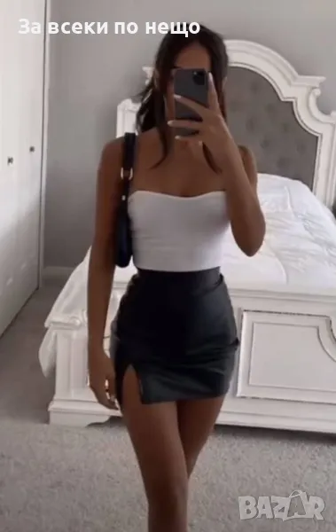 Дамска черна къса кожена пола с цепка Код D1572, снимка 1