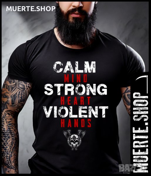 Черна фитнес тениска с щампа CALM HANDS VIKING , снимка 1