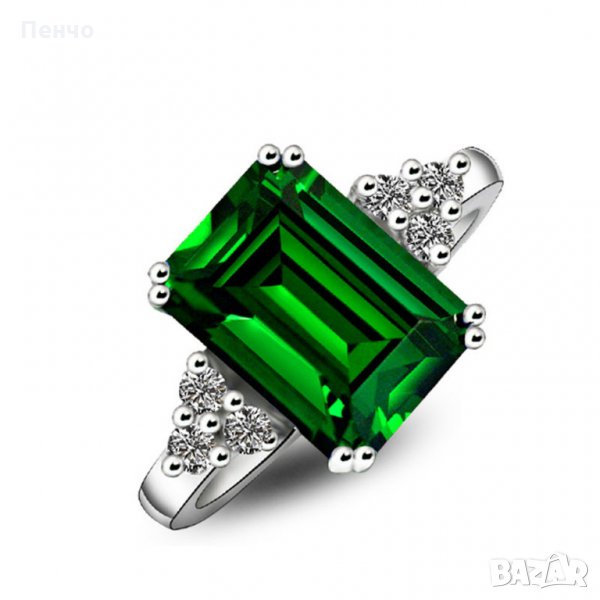 Пръстен със стерлингов зелен син камък сапфир 925 сребърен посребрен за жени годежен изумруден за мо, снимка 1