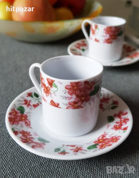 На едро - Комплект Чаши за кафе с чинийки – 6 броя с цветя, снимка 1