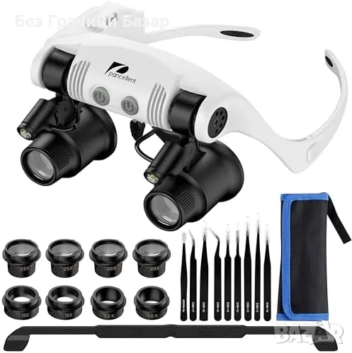 Нов Комплект увеличителни очила с LED и 9 пинсети за ремонт и бижута, снимка 1