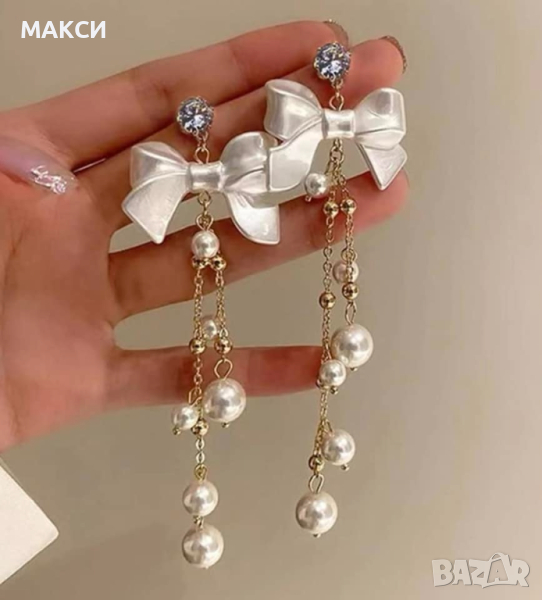 Красиви обеци с перли панделки и бял кристал, снимка 1
