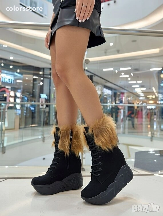 Боти на платформа - черен велур с бежов косъм - BPH1 , снимка 1