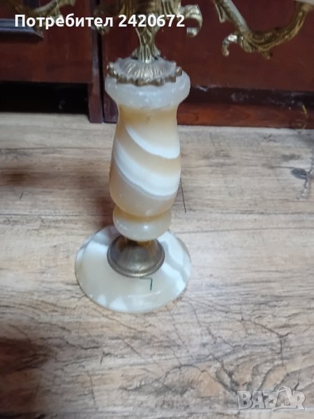 Атикварен  свещник бронз с оникс, снимка 1