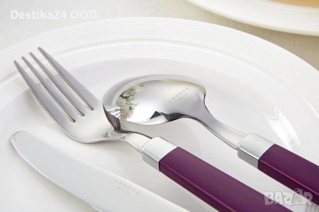 Комплект прибори от неръждаема стомана с лилави дръжки – 20 части, снимка 7 - Прибори за хранене, готвене и сервиране - 53442099