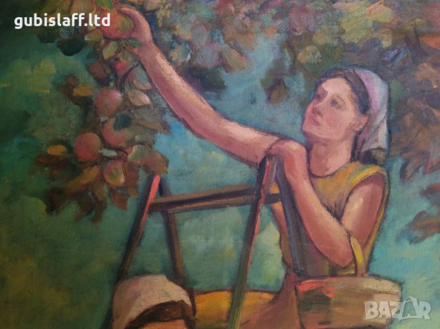 Картина, "Ябълкова градина", соц. период, 132х102 см., снимка 5 - Картини - 34591173