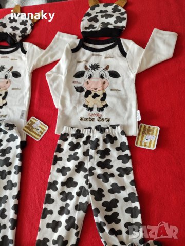 Намалено от 36лв Бебешки комплект от 3 части, боди ританки, шапка Крава, снимка 5 - Комплекти за бебе - 43844369
