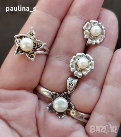 Сребърен комплект с перли / Сребърни обеци, висулка и пръстен / проба 925 