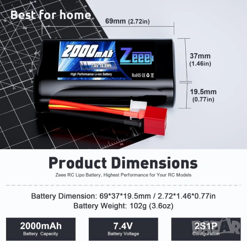 Батерия Zeee 2S Li-ion 2000mAh 7.4V T конектор със зарядно устройство 7.4V, снимка 2 - Оригинални батерии - 53485582