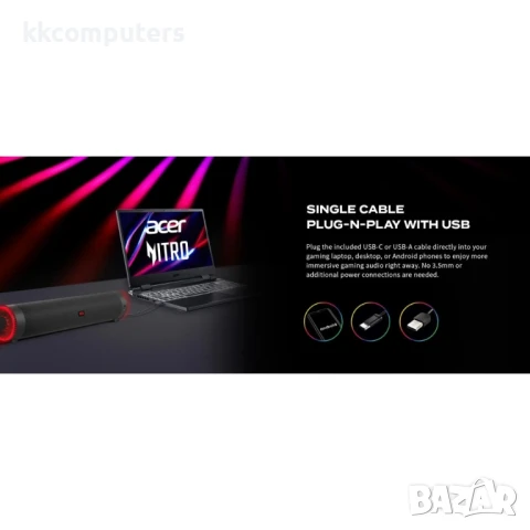 Acer Nitro Gaming Soundbar,2 x 5W, BT, Dynamic Тонколони 2.0, снимка 2 - Bluetooth тонколони - 51036511