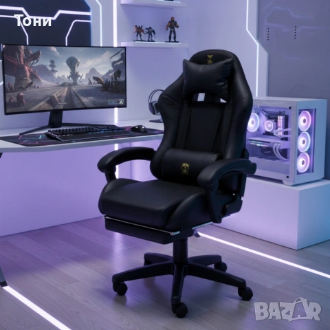 геймърски стол с масажна функция, поставка за крака и ергономична метална рамка, PU кожа, снимка 2 - Столове - 53448878
