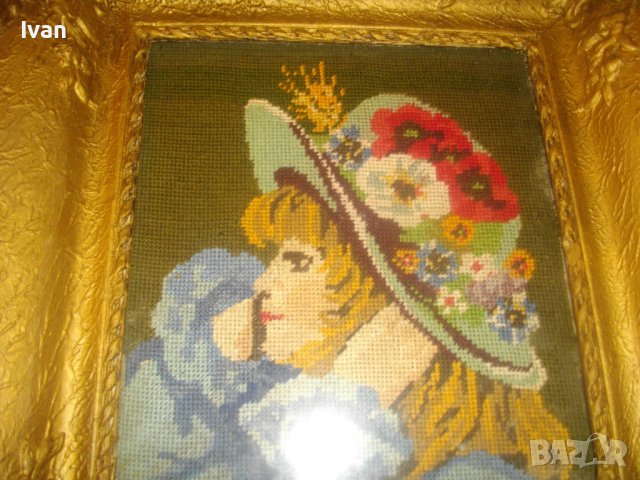 Стар/Старинен DMC Гоблен-Ръчно Нашиван-Германия-Рамкиран-Гипс-460х390мм-Момиче С Боне-ОТЛИЧЕН, снимка 9 - Гоблени - 37088937