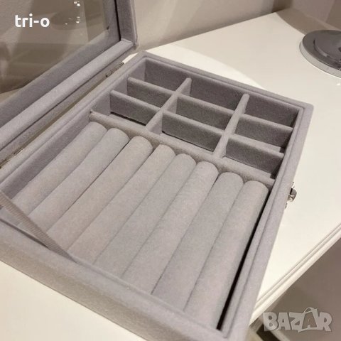 Сива кадифена кутия за съхранение на бижута със стъклен прозорец и органайзер, снимка 6 - Други - 43391847