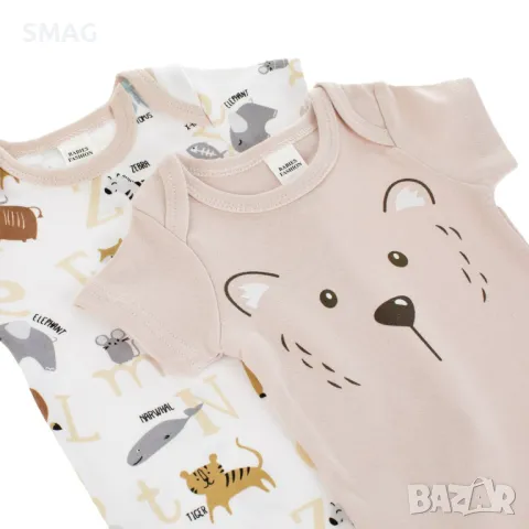 Бебешко боди Памучни къси ръкави Бежово мече Бели животни - 2 бр S_1233538, снимка 2 - Бодита за бебе - 49897380