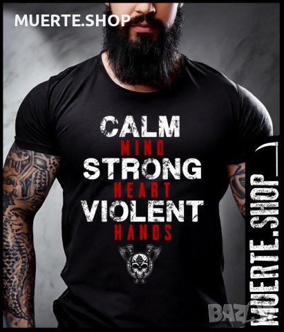 Черна фитнес тениска с щампа CALM HANDS VIKING 