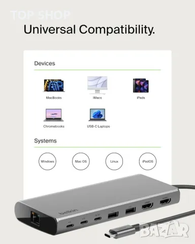 Belkin USB-C 8 в 1 хъб,2 USB-C, 2 USB-A, 2 HDMI, Ethernet и 100 W порт, снимка 6 - Кабели и адаптери - 49457540