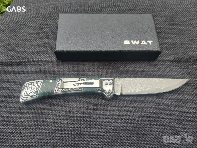 Сгъваем фосфоресциращ нож,дамаска стомана с гравирана дръжка SWAT, снимка 2 - Ножове - 49867746