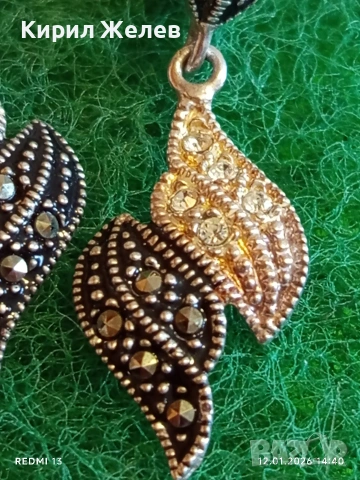 Висящи сребърни обеци с двуцветен дизайн тип листо инкростация на кристали Маркезит 52735, снимка 4 - Обеци - 53073251